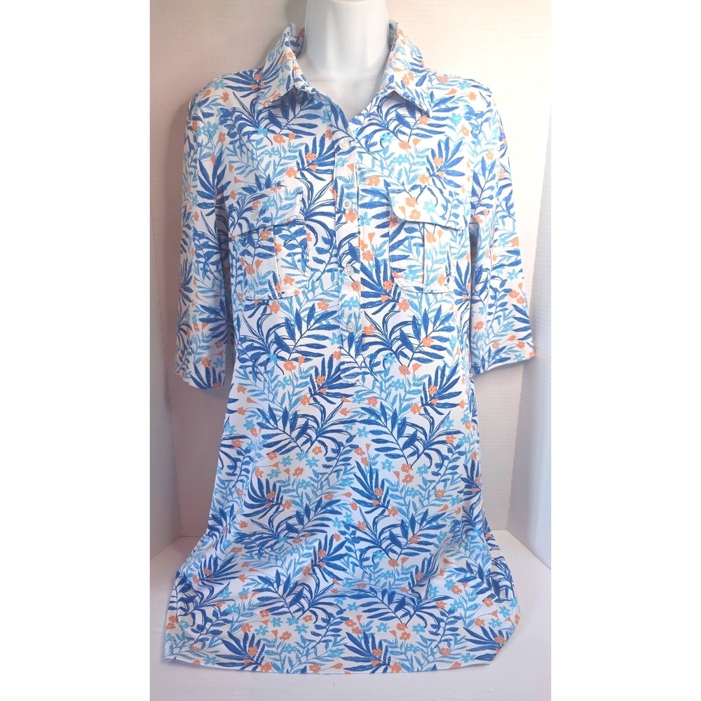 Persifor Winthrop Dress Blue Orange Tropical Palm Floral Button Front Medium